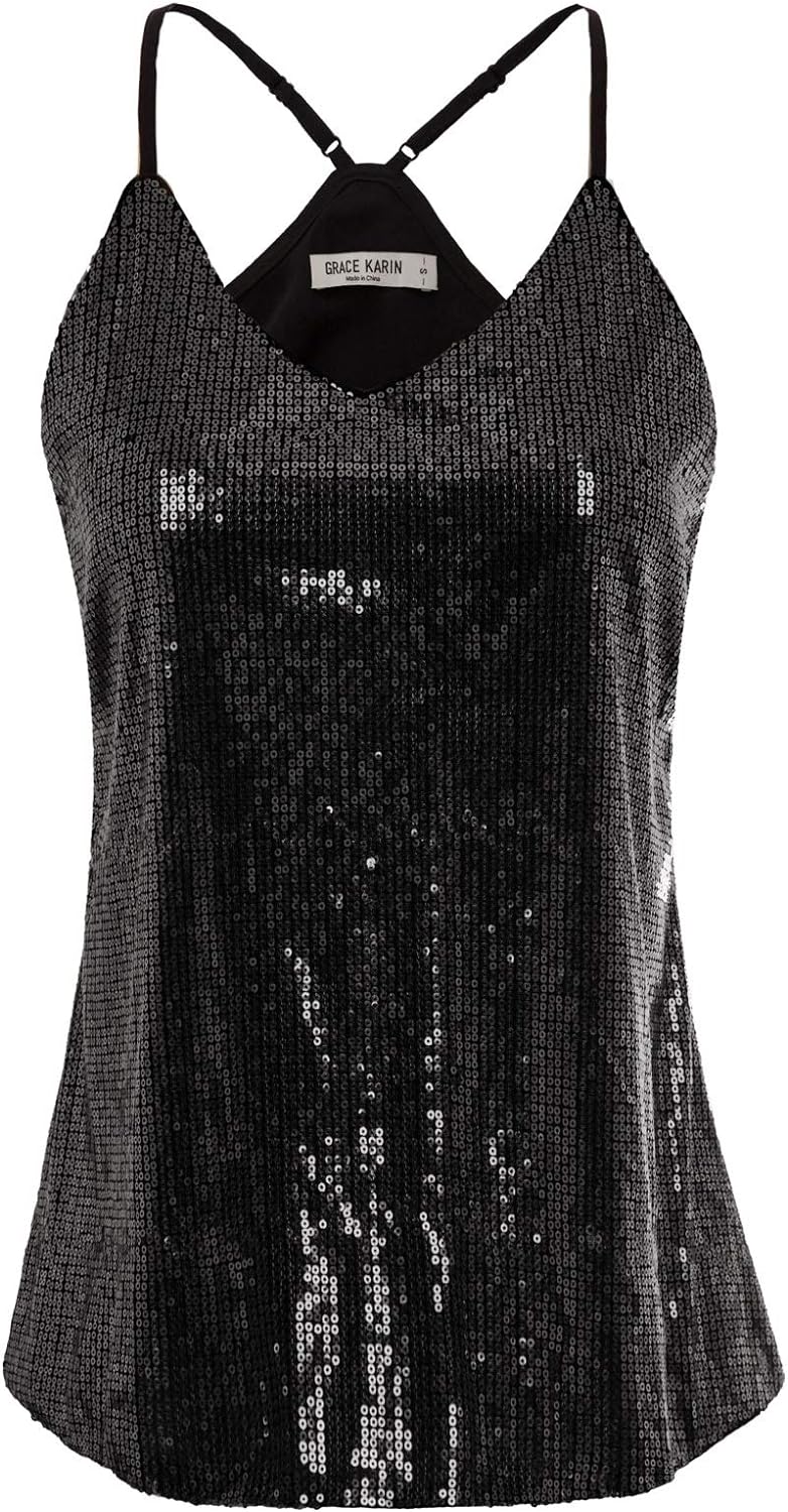 GRACE KARIN Women' Sleeveless Sparkle Shimmer Camisole Vest Sequin Tank Tops