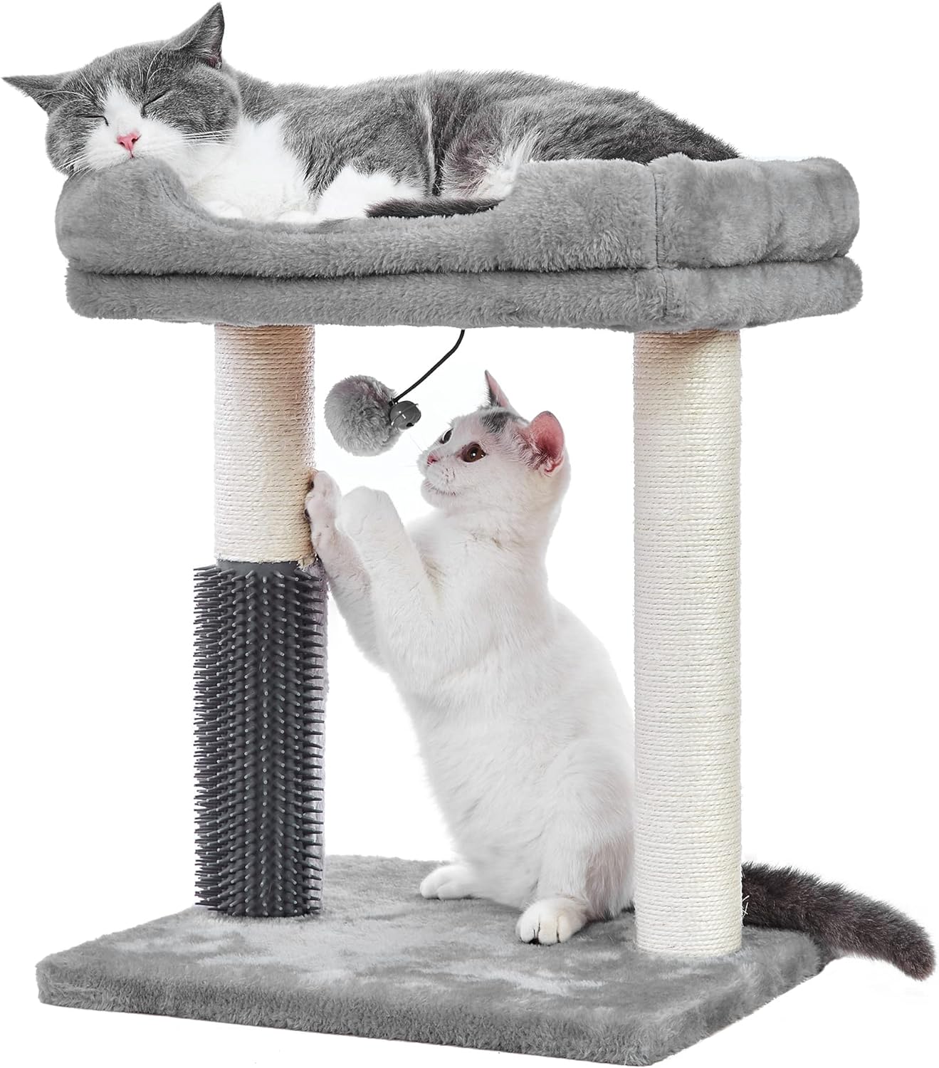 Cat Tree 4 in 1 Cat Scratching Post Featuring with Cat Self Groomer Wide Large Top Perch Natural Scratching Post and Danging Ball for Indoor Cats-Grey