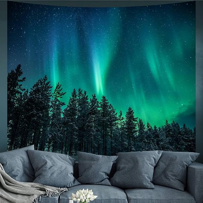 Apdidl Forest Wall Tapestry for Bedroom Aesthetic, Nature Outer Space Galaxy Starry Night Tapestry Wall Hanging, Green Landscape Ceiling Backdrop Decor Tapestries for Living Room Dorm 