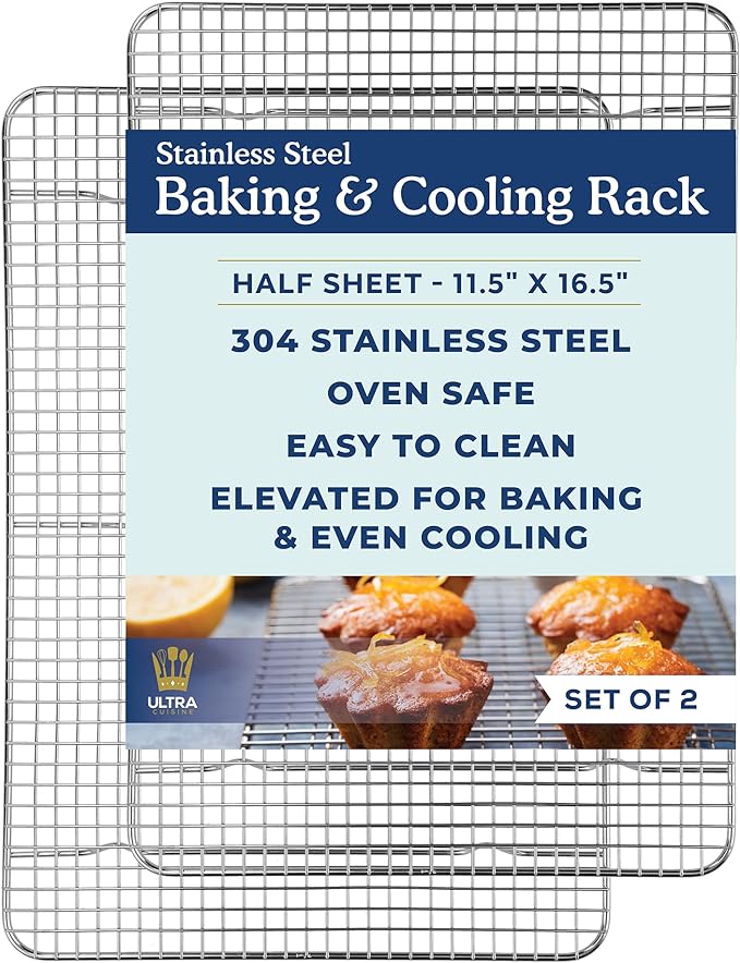 Ultra Cuisine Oven-Safe, Dishwasher-Safe 100% Stainless Steel Cooling and Baking Rack Set Heavy Duty Tight-Wire - 11.5 x 16.5-inch - Set of 2 - Half Sheet Pan Cooling Racks