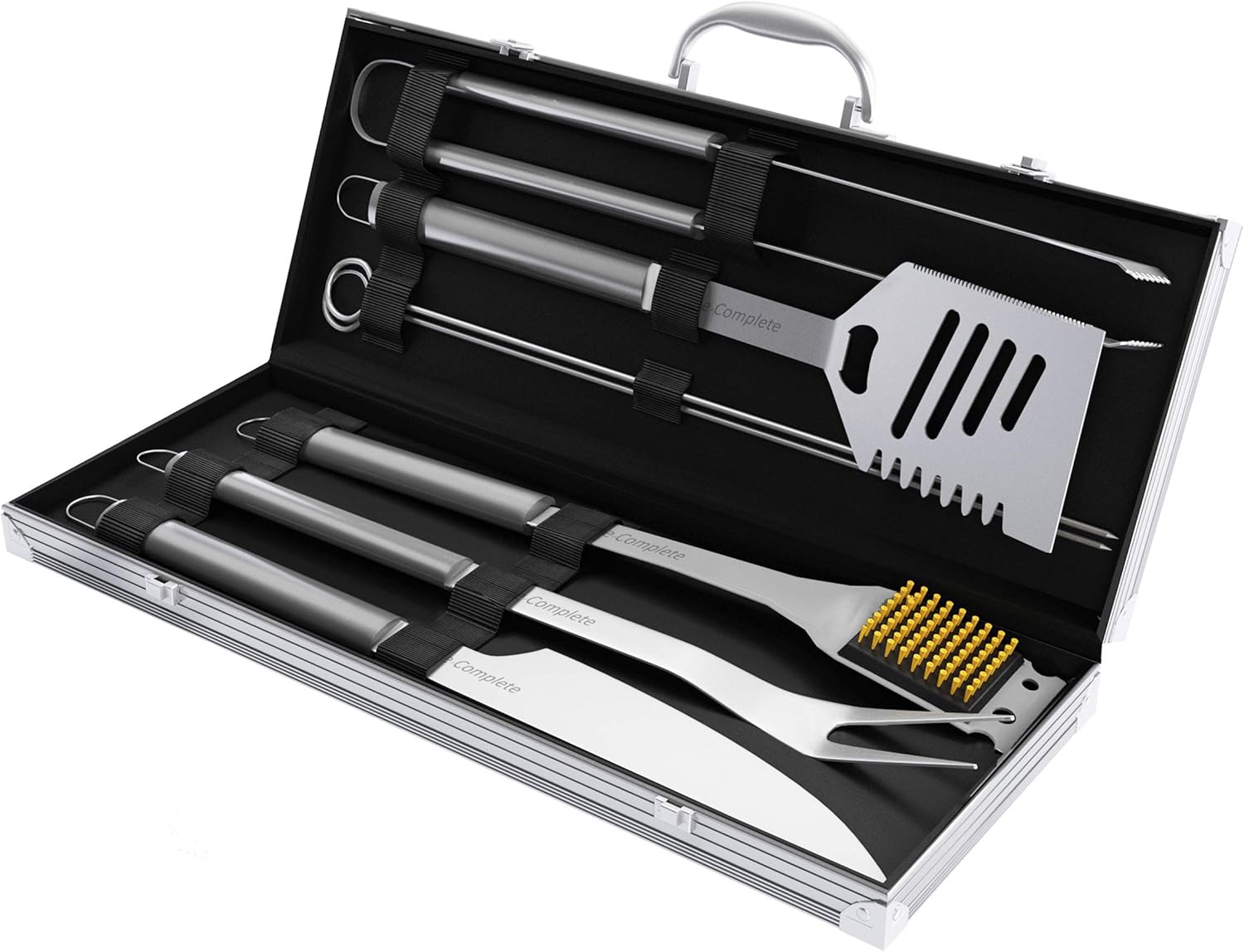 7-Piece Stainless-Steel BBQ Cooking Utensils Set - Barbecue Grill Accessories with Aluminum Portable Handled Storage Case by Home-Complete (Silver)