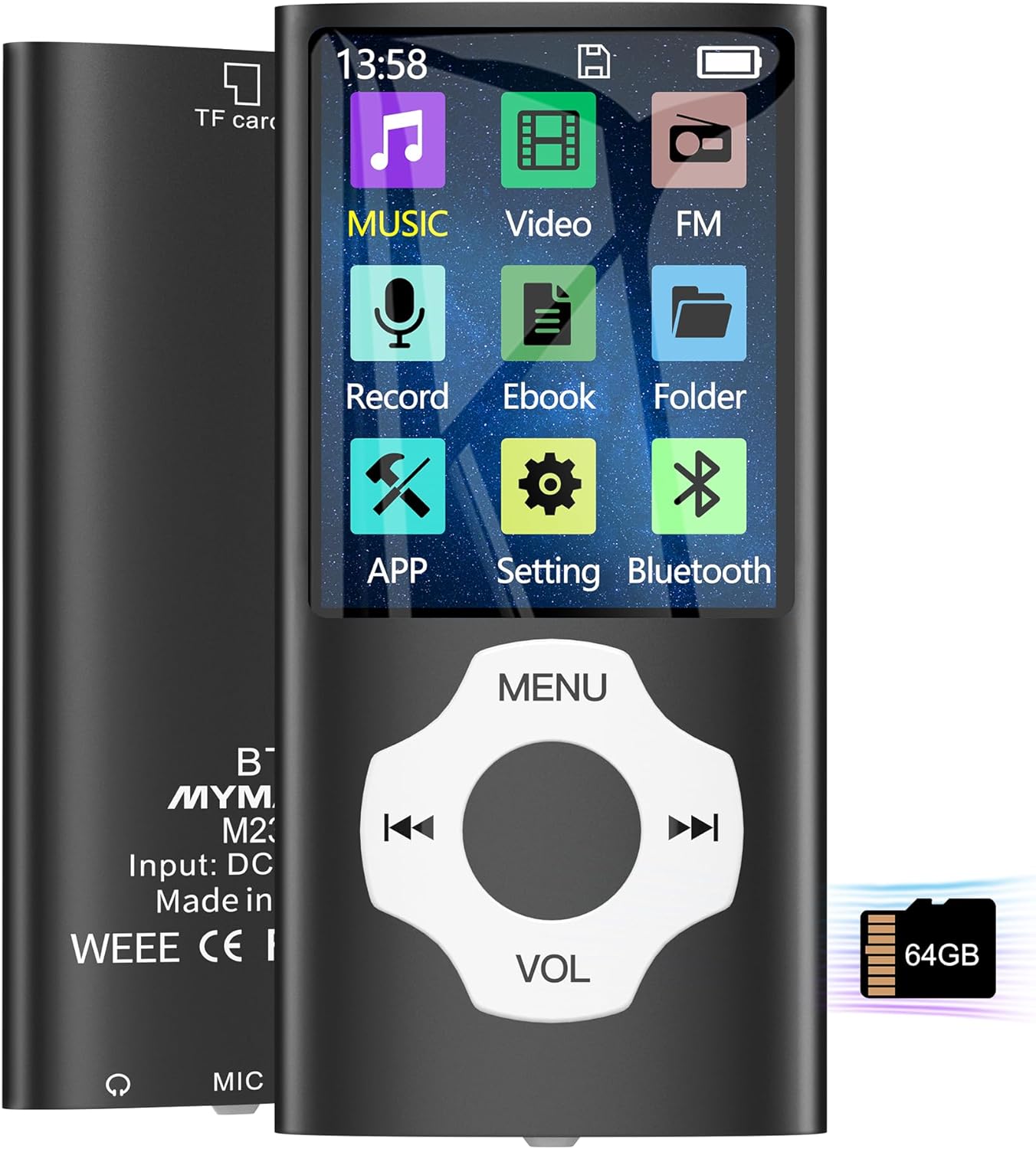 MYMAHDI 64GB MP3 Player with Bluetooth 5.2, LCD Screen Music Player Up to 128GB,MP3 Player for Kids with Music,Video,Voice Record,FM Radio,E-Book Reader,Photo Viewer,Black