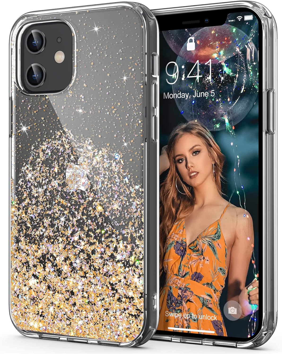 ULAK Compatible with iPhone 12 Case Clear Glitter, iPhone 12 Pro Cover Sparkle Bling Soft TPU Women Girls Shockproof Protective Phone Case Designed for iPhone 12 & iPhone 12 Pro 6.1 inch, Gold