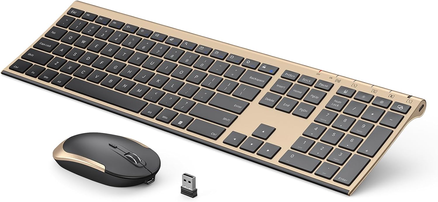 Wireless Keyboard and Mouse, Vssoplor 2.4GHz Rechargeable Compact Quiet Full-Size Keyboard and Mouse Combo with Nano USB Receiver for Windows, Laptop, PC, Notebook-Black Gold