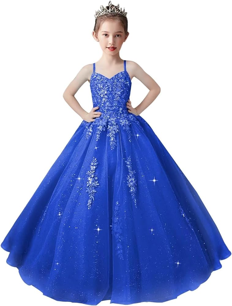 Lace Applique Tulle Pageant Gowns for Girls Ball Gown Flower Girl Dress Princess Toddler Kids Prom Dress