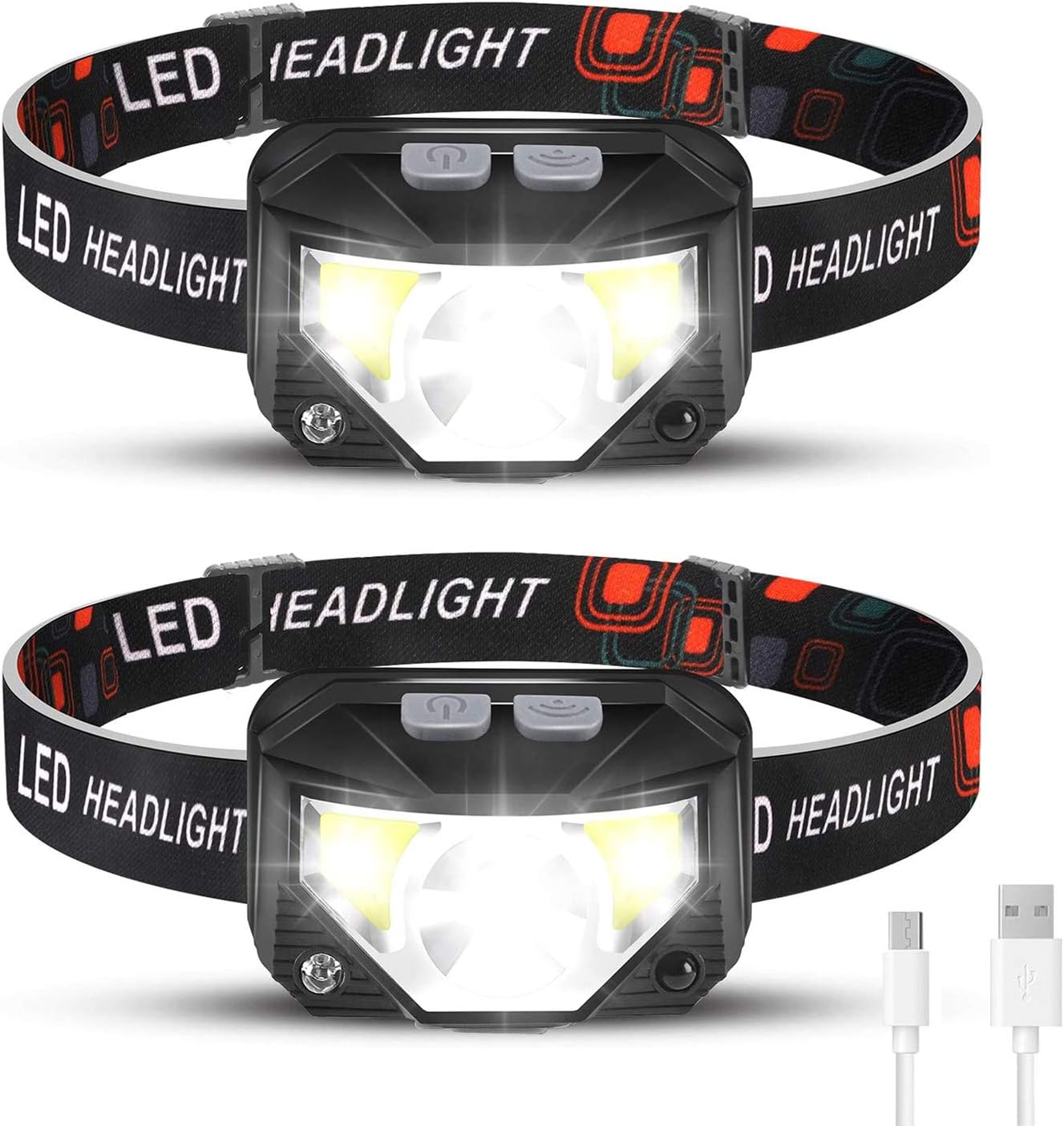 Rechargeable Headlamp 2 Packs, LED Headlamp, Head lamps for Adults, Flashlight with White Red Lights, USB Rechargeable Waterproof Head Lamp for Outdoor Camping Cycling Running Fishing