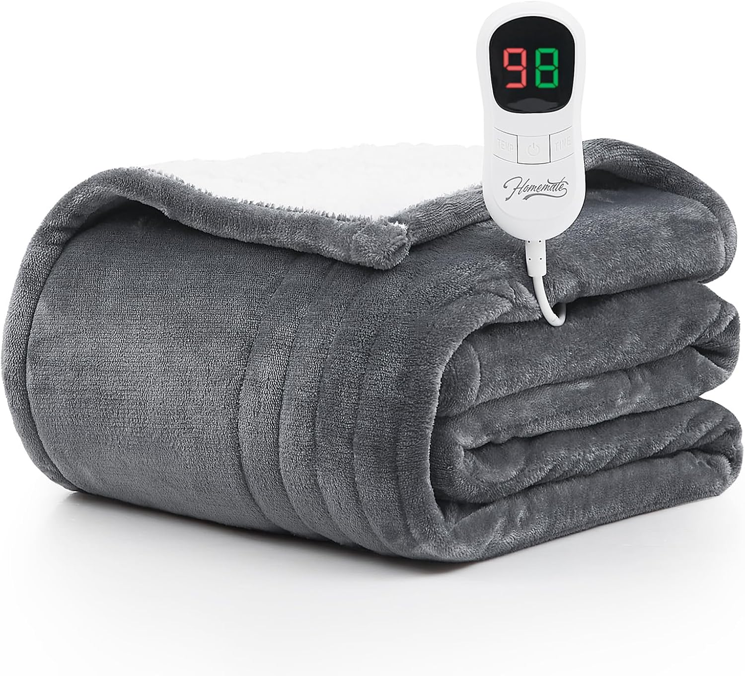 Homemate Heated Blanket Electric Throw - 50x60 Heating Blanket Throw 1/2/4/6/8 Hours Auto-off 10 Heat Level Heat Blanket Over-heat Protection Flannel Sherpa Heater Blanket Electric ETL Certification