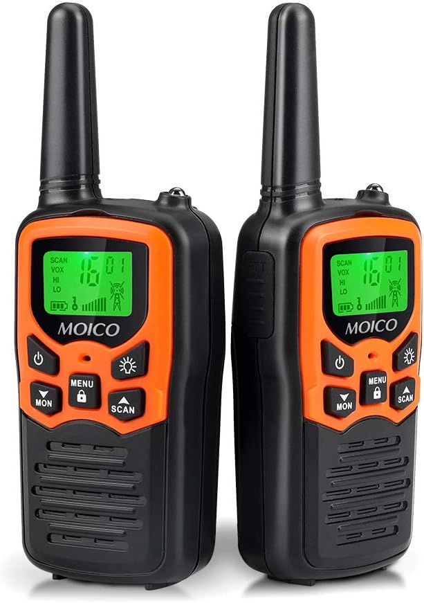 Walkie Talkies, MOICO Long Range Walkie Talkies for Adults with 22 FRS Channels, Family Walkie Talkie with LED Flashlight VOX LCD Display for Hiking Camping Trip (Orange 2 Pack)