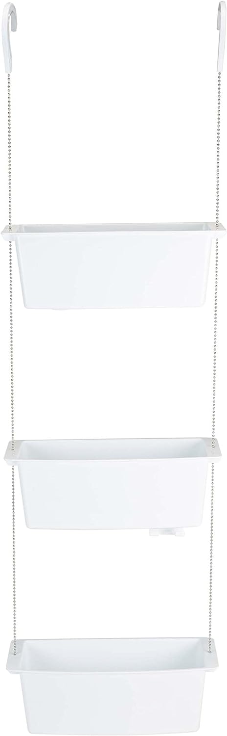 Bath Bliss 3 Tier Hanging Suction White Shower Caddy | Dimensions: 4"x 11.3"x 34.7" | 2 Hooks Mounted on Shower Head | Glass Shower Door | Great for Hold Bottles | Suction Cup Hold