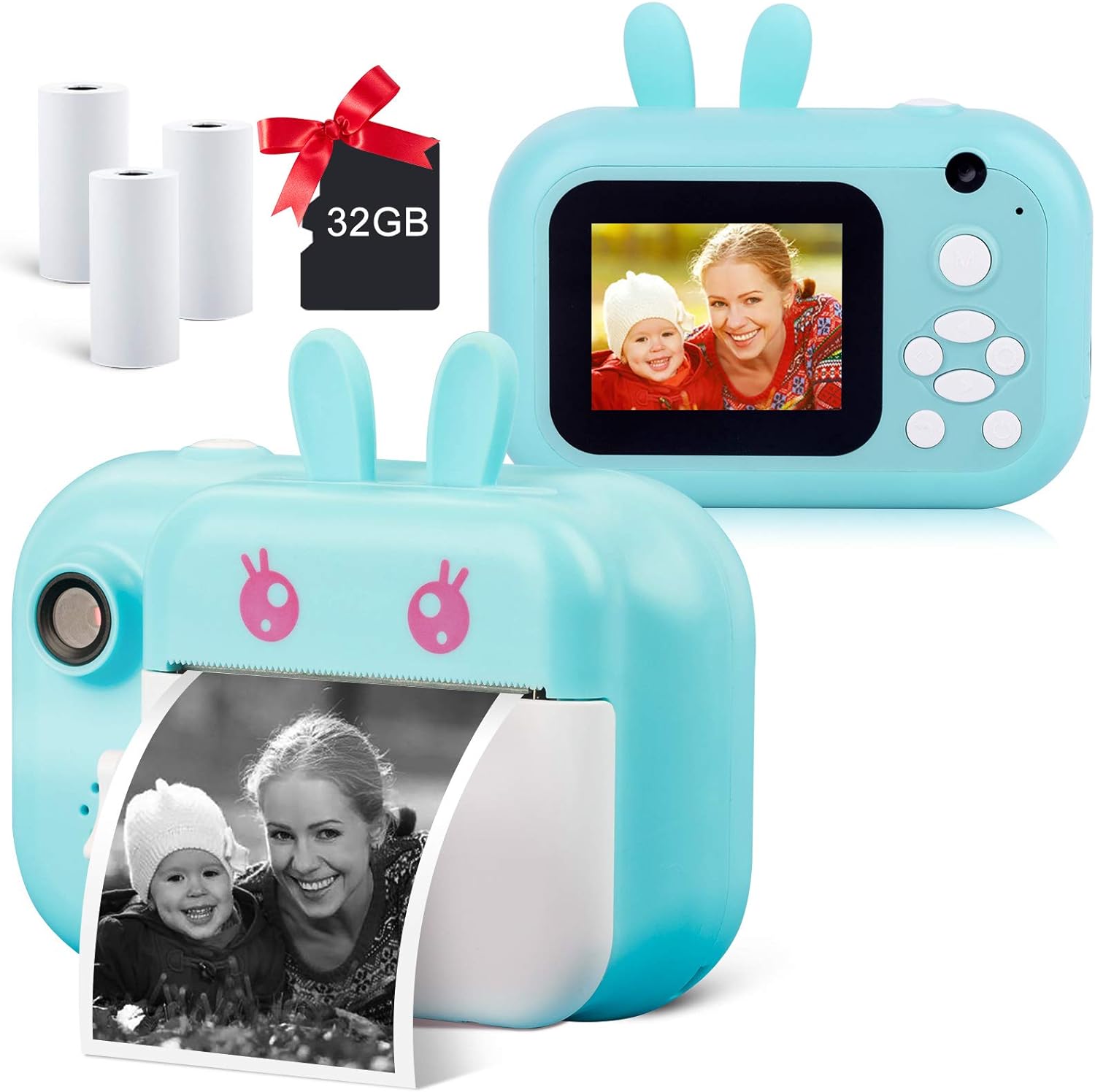 MINIBEAR Instant Camera for Kids, Digital Camera for Girls, Toddler Camera with Print Paper, 40MP Video Child Selfie Toy Camcorder, 2.4 Inch Screen, 32GB TF Card (Sky Blue)