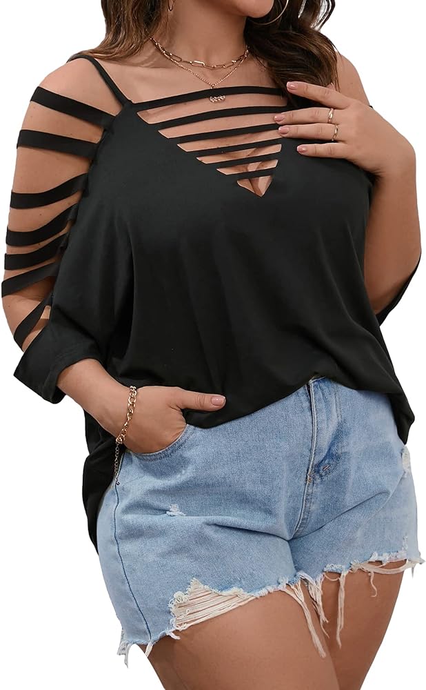 SOLY HUX Women's Plus Size Cut Out Ripped Cold Shoulder Tee Tops Deep V Neck Short Sleeve Sexy Summer T Shirt