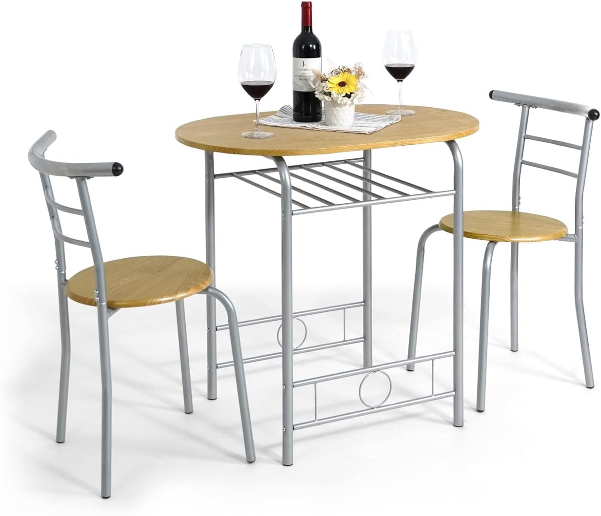 CAPHAUS 3 Pieces Dining Set for 2, Small Kitchen, Dining Room Table Set w/Steel Frame, 3 Pieces Patio Set w/Wine Rack, Small Dining Table Set for 2, Outdoor Dining Round Table Set, Natural Oak