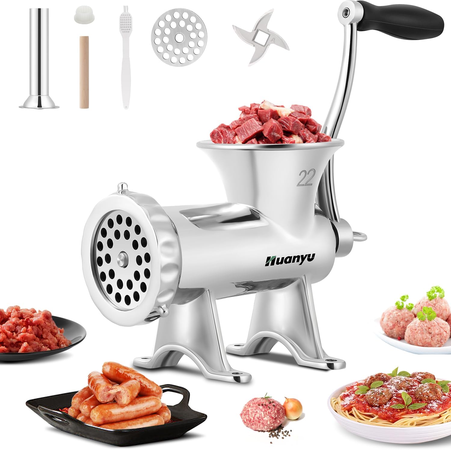 Huanyu Manual Meat Grinder Sausage Stuffer Stainless Steel Sausage Filler Commercial Meat Grinding Machine Household Pork Meat Mincer (NO.22)