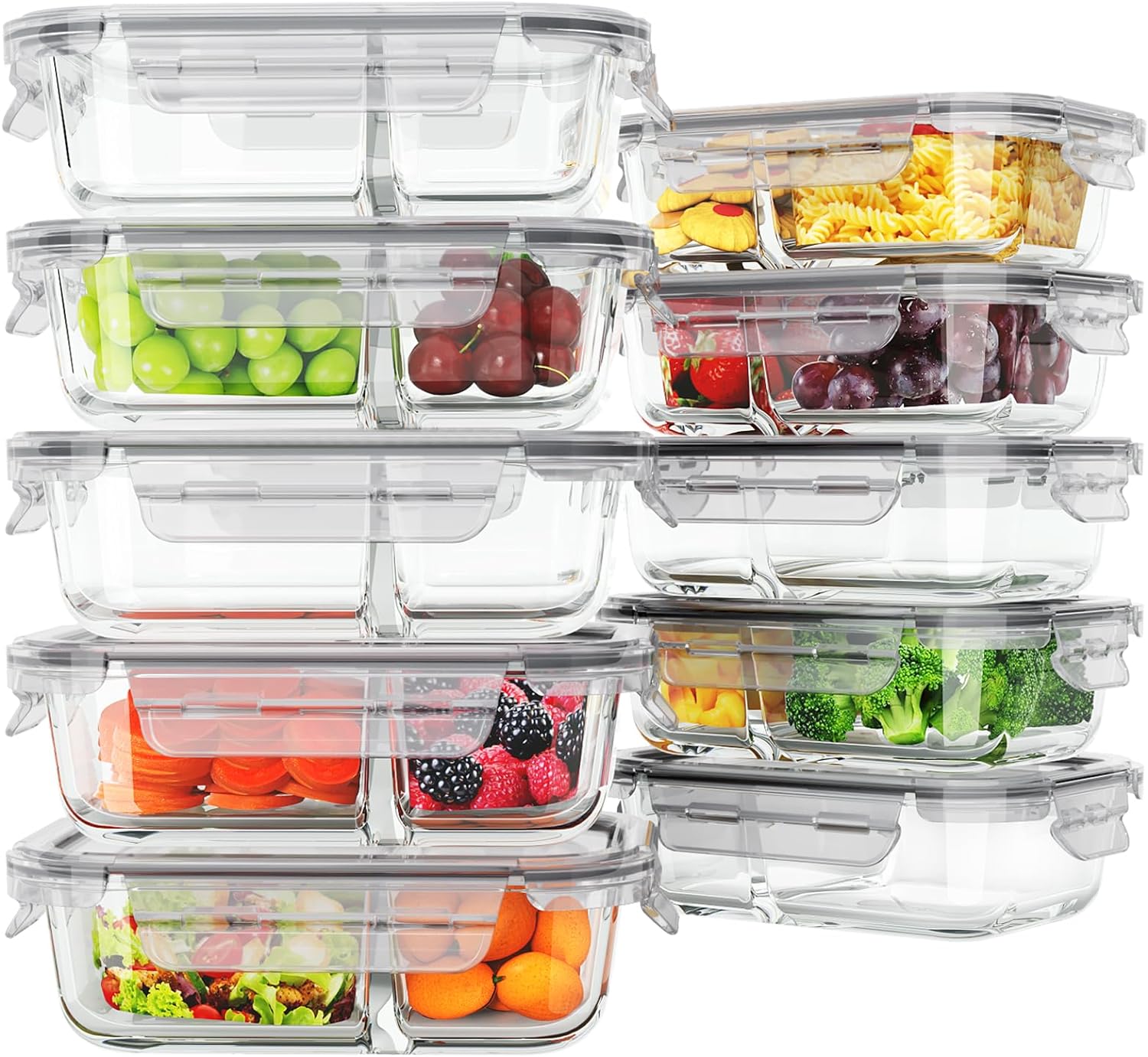 10 Pack Glass Meal Prep Containers 2 Compartment, Glass Food Storage Containers with Lids, Airtight Glass Lunch Bento Boxes, BPA-Free & Leak Proof (10 lids & 10 Containers) - Grey