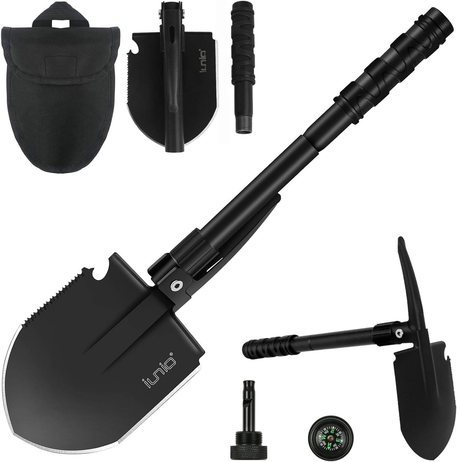 iunio Folding Survival Shovel, Camping Shovel w/Pick, Military Style Entrenching Tool, Multitool, Foldable Collapsible Spade, for Camping, Backpacking, Gardening, Snow, Trenching, Hiking,Car Emergency