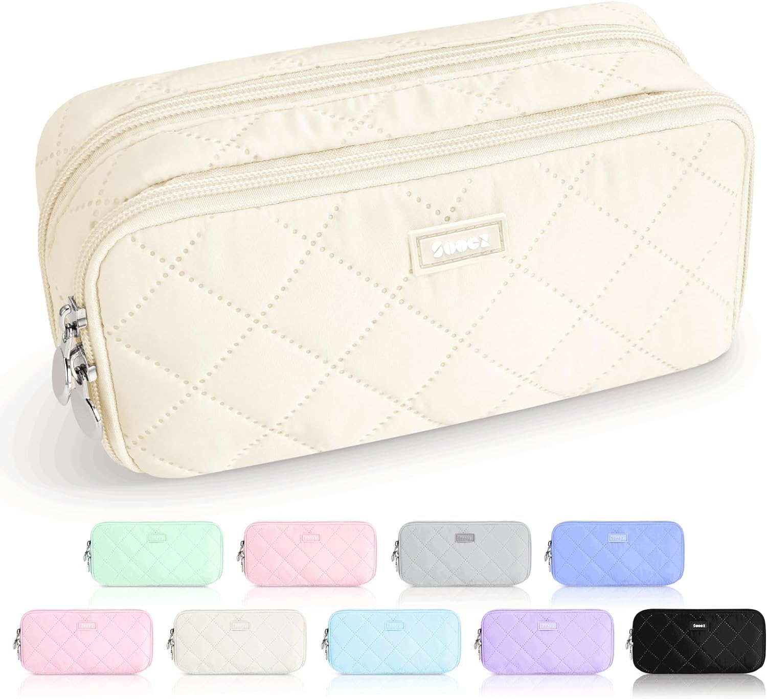 Sooez Large Pencil Case Pouch,Extra Big Pencil Bag with 8 Compartments,Pen Bag Wide Opening,Soft Quilted Pencil Pouch Organizer with Zipper,Portable Pencil Case for Teen Girls,Beige