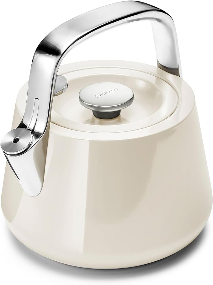 Caraway 2 Quart Whistling Tea Kettle - Durable Stainless Steel Tea Pot - Fast Boiling, Stovetop Agnostic - Non-Toxic, PTFE & PFOA Free - Includes Pot Holder - Cream