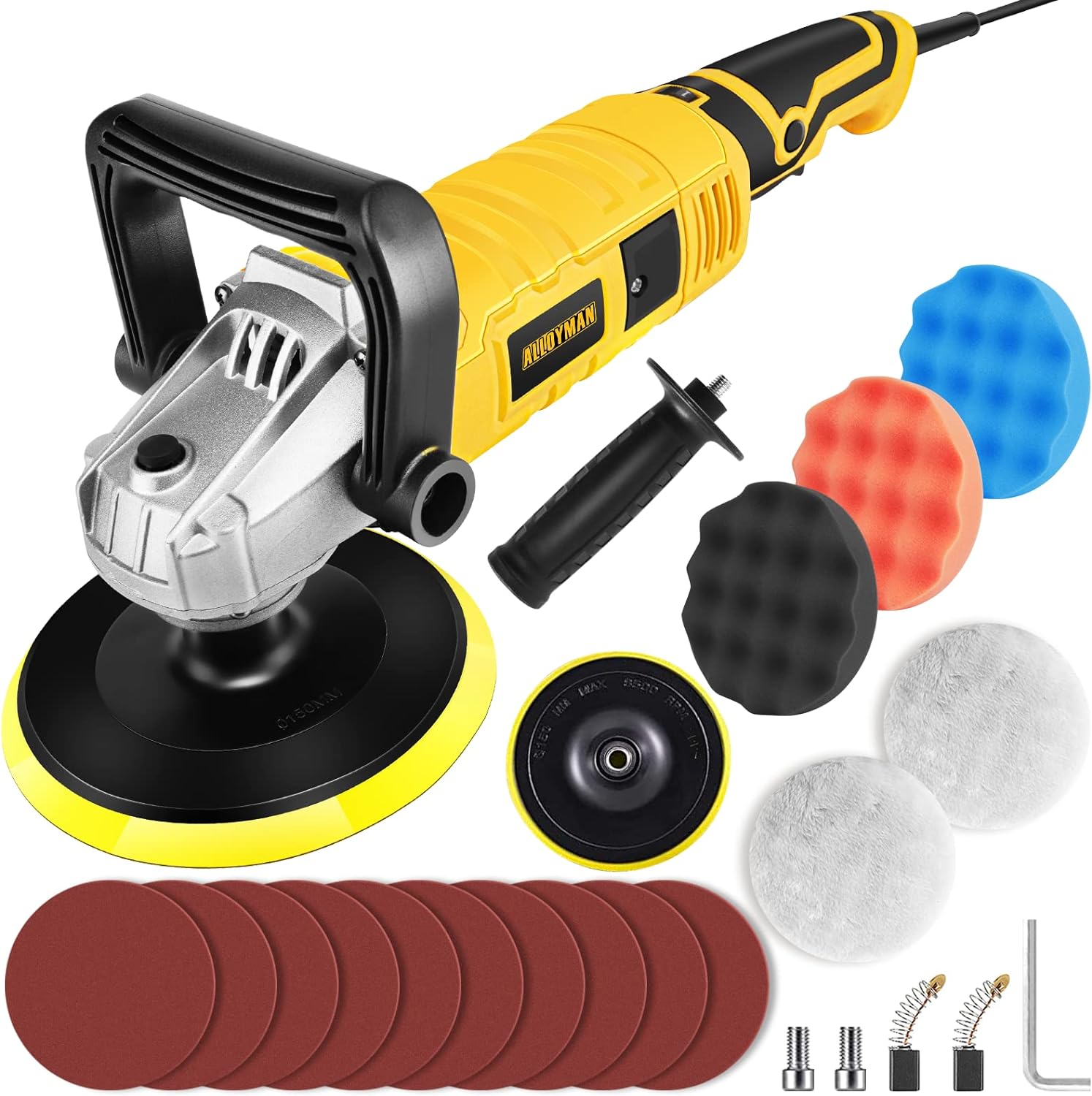 Alloyman Buffer Polisher, 1200W 7 Inch/6 Inch Car Polisher Set, 7 Variable Speed 600-3000 RPM, Car Polishers and Buffers with Detachable Handle for Car, Boat Sanding, Polishing, Waxing