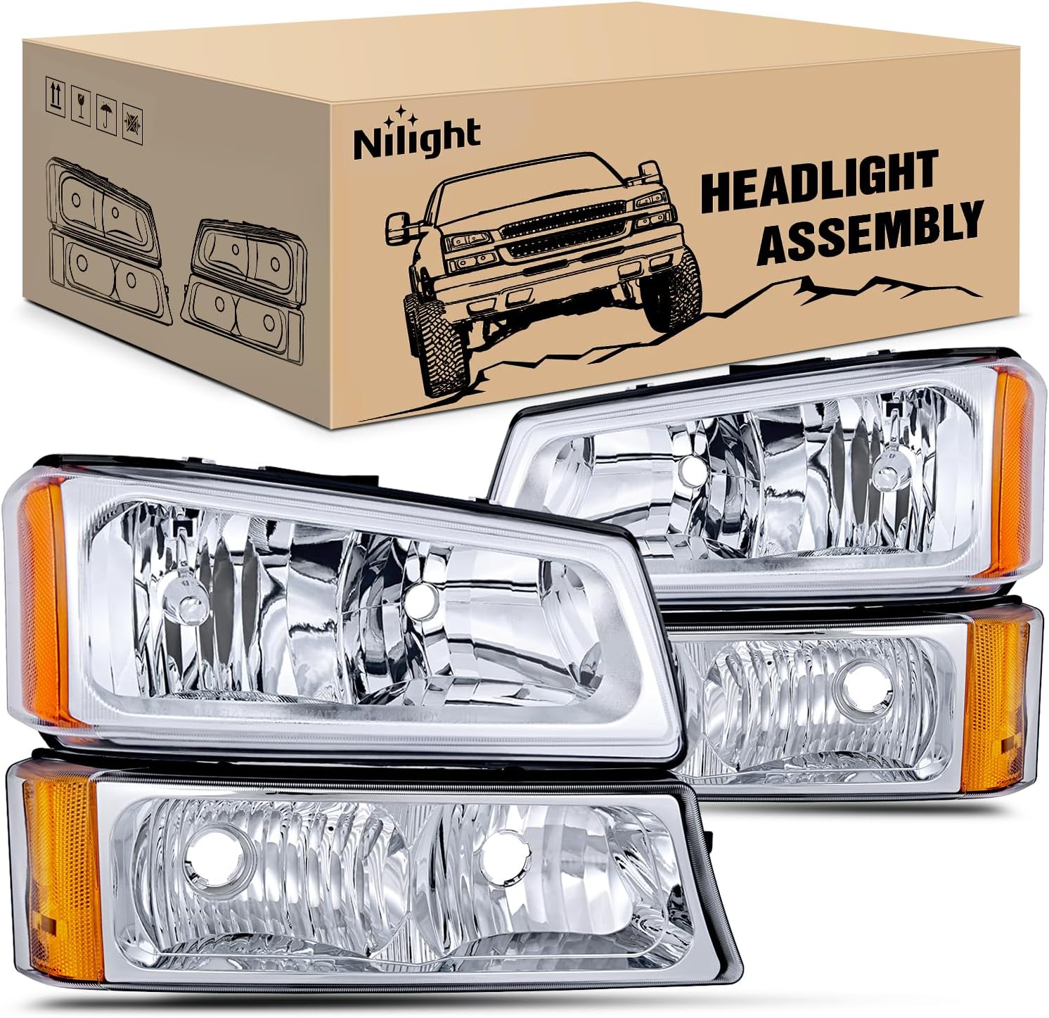 Nilight Headlight Assembly for 2003 2004 2005 2006 Chevy Silverado Avalanche 1500 1500HD 2500 2500HD 3500 Chevrolet Pickup Replacement Headlamp Housing Bumper Lamp Set, 2 Years Warranty