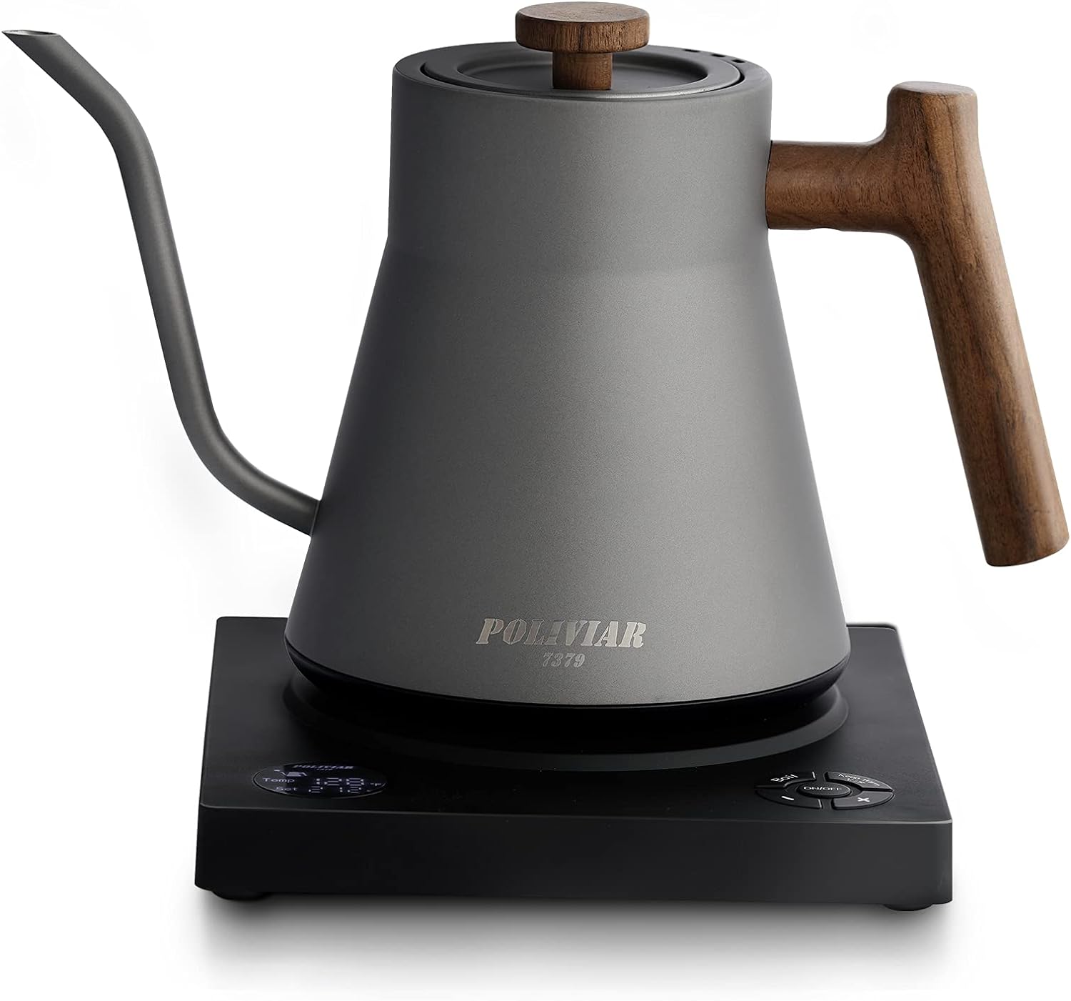 POLIVIAR Electric Gooseneck Kettle, 1200W Electric Tea Kettle Real Wood Handle, 34oz Pour Over Electric Kettle for Coffee & Tea, 18/8 Stainless Steel Inner, Temperature Control & Rapid Heating