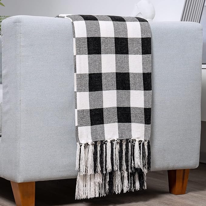 RECYCO Buffalo Paid Chenille Throw Blanket for Couch, Soft Cozy Decorative Buffalo Check Blanket Throw with Tassels for Bed Sofa, Lightweight Chenille Knitted Throw, Plaid Black Off White, 50'' x 60''