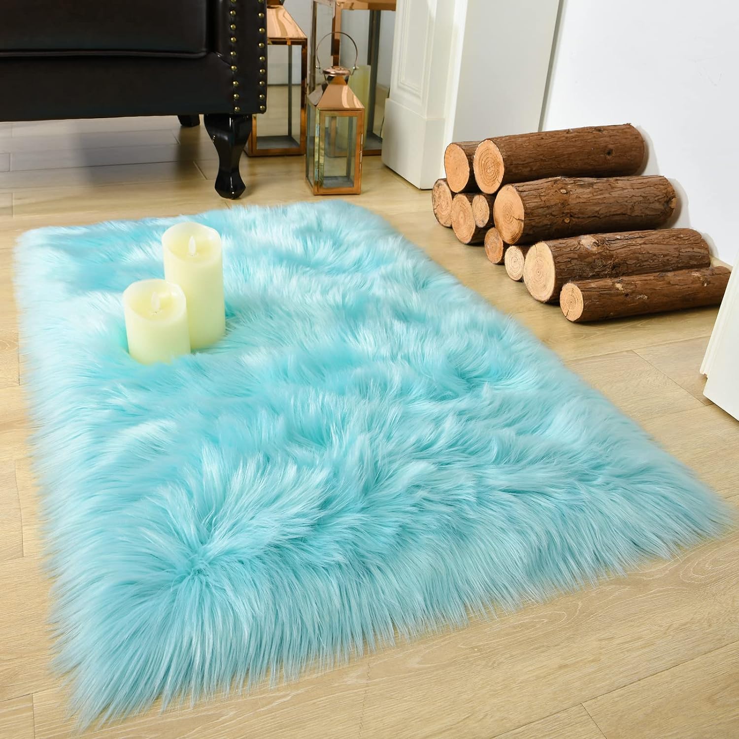 LOCHAS Soft Fluffy Faux Fur Rugs for Bedroom Bedside Rug 2x3 Feet, Washable, Furry Sheepskin Area Rug for Living Room Girls Room, Luxury Shag Carpet Home Decor, Blue