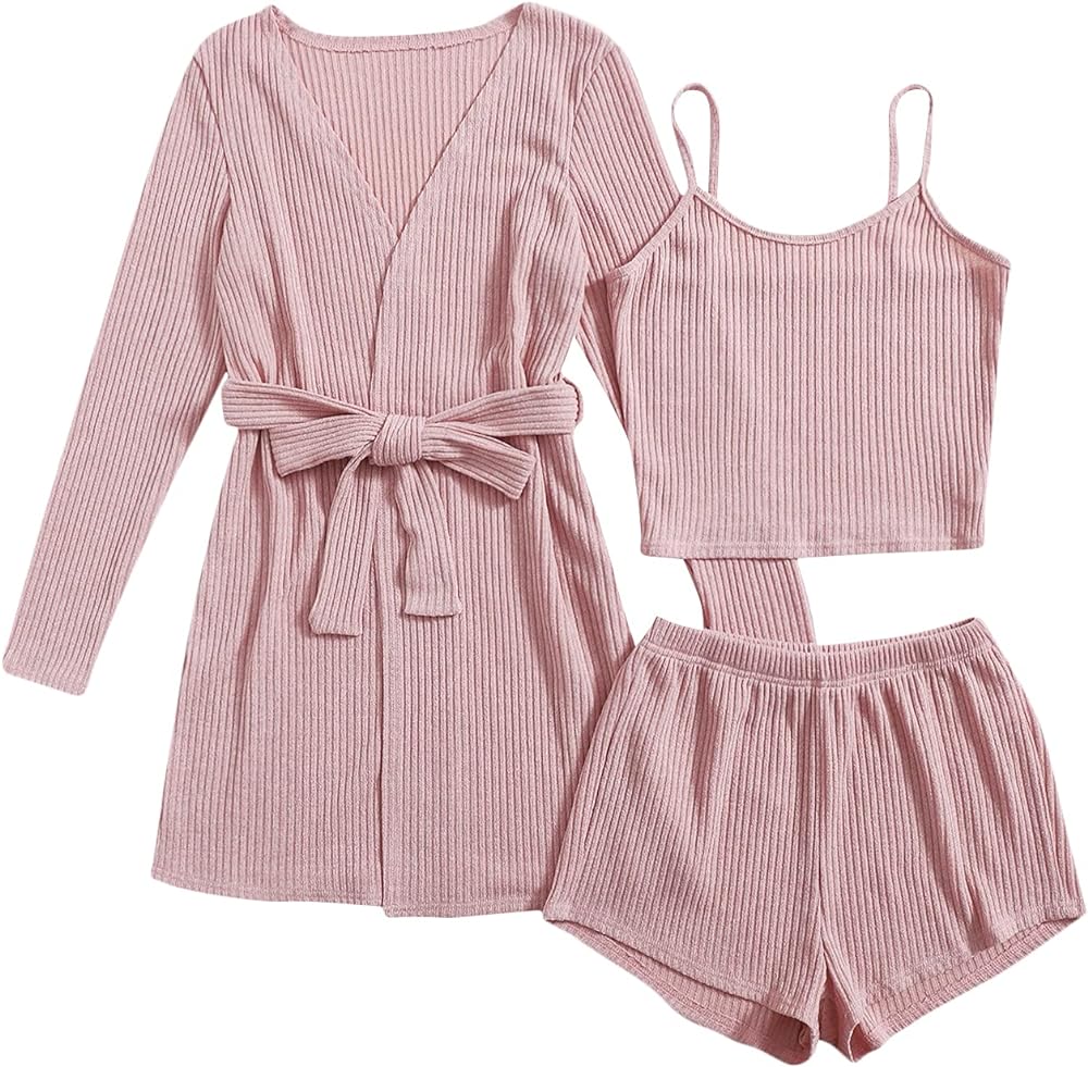 SOLY HUX Womens Pajama Sets 3 Piece Lounge Set Ribbed Knit Cami Top and Shorts Soft Sleepwear with Robe Cardigan