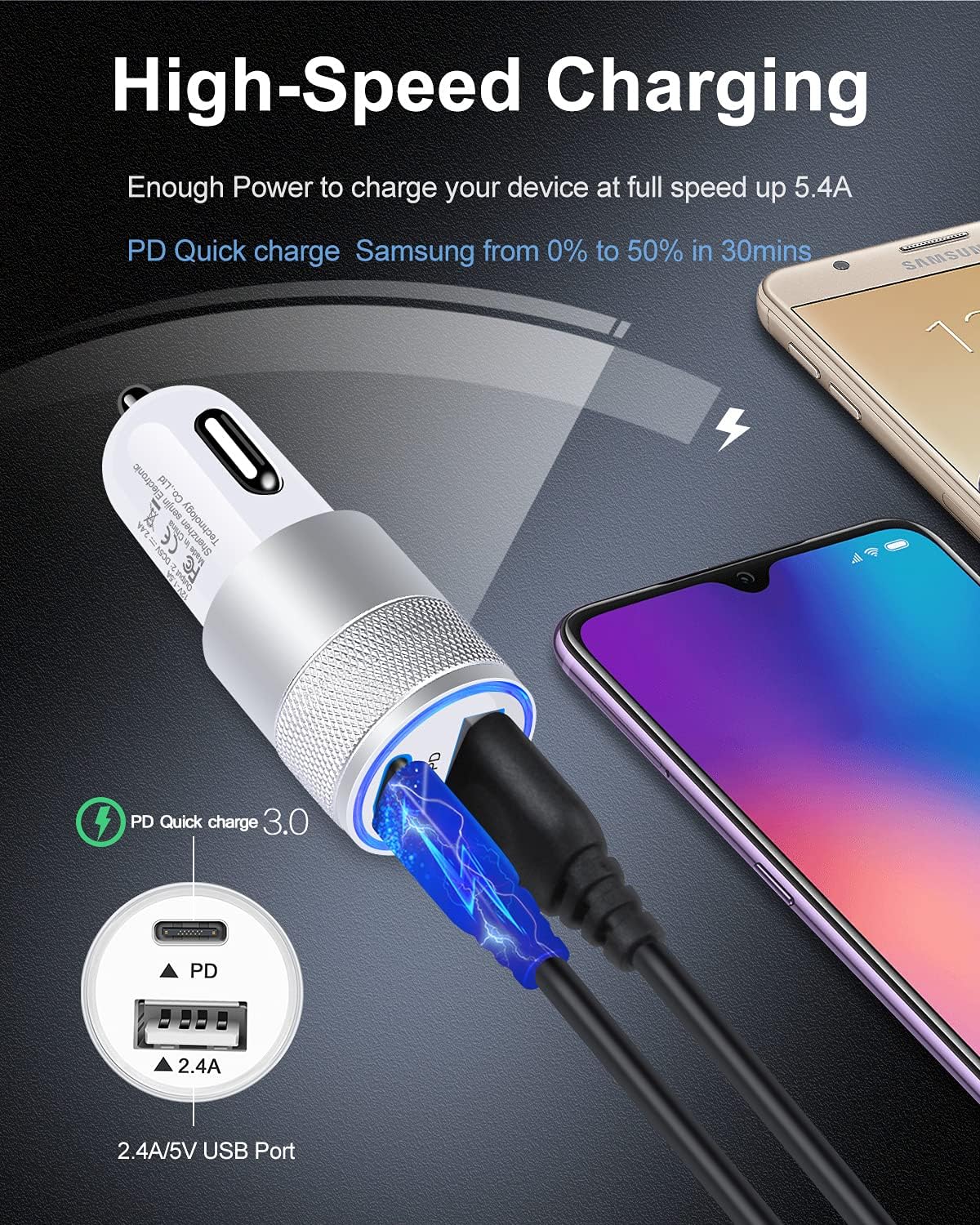 30W USB C Car Charger, [2Pack]3.0 Fast Charge Dual Port USB Type C and 2.4a USB A Cargador Carro Lighter Adapter for iPhone, Tablet, iPad, Samsung Galaxy, LG, Google Pixel GPS, Z Play Droid, Motorola