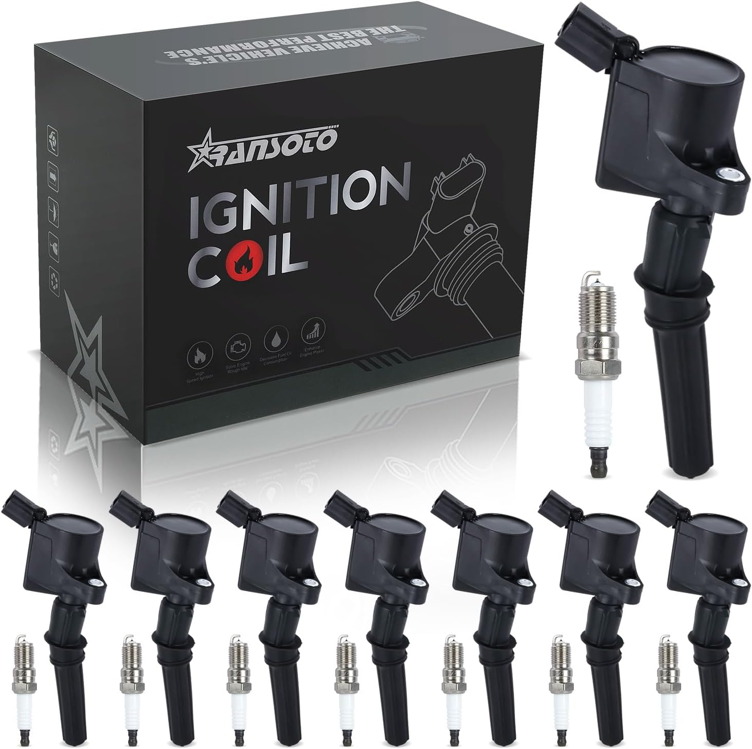 RANSOTO Ignition Coil DG508 & Spark Plug SP479 Compatible With 5.4L Ford Expedition F150 F250 F350 Excursion Lincoln Navigator E150 E250 E350 (Set of 8)