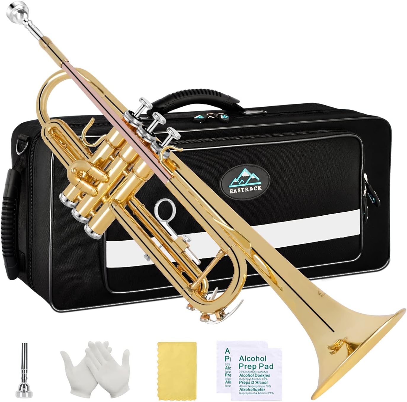 EASTROCK Bb Trumpet Standard Trumpet Set with Carrying Case,Gloves, 7C Mouthpiece, Cleaning Kit, Tuning Rod (GOLD/Phosphor Copper)