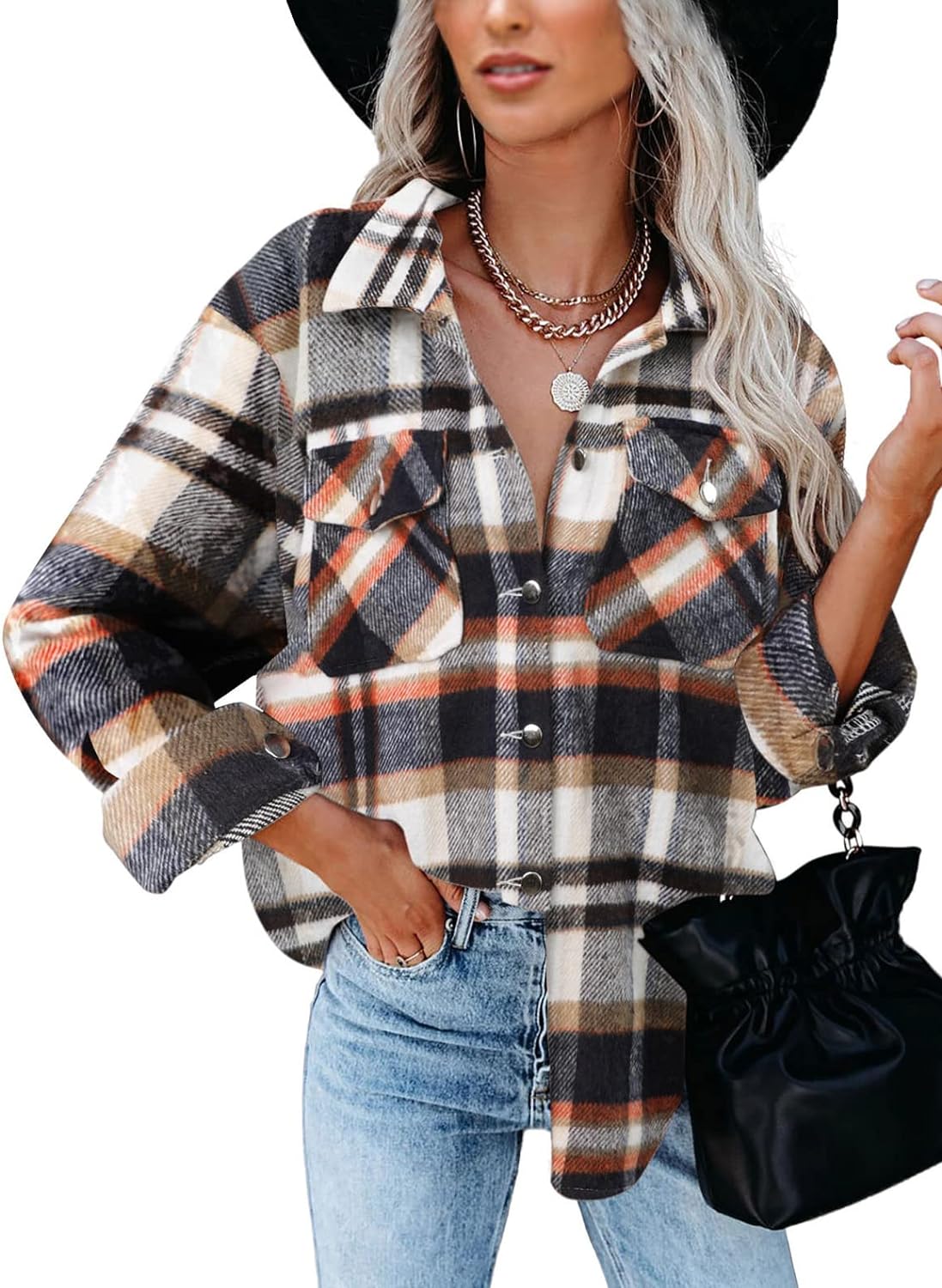 BTFBM Women Corduroy Shacket Jacket Long Sleeve Button Down Casual Plaid Flannel Shirts Loose Fall Spring Blouses Tops