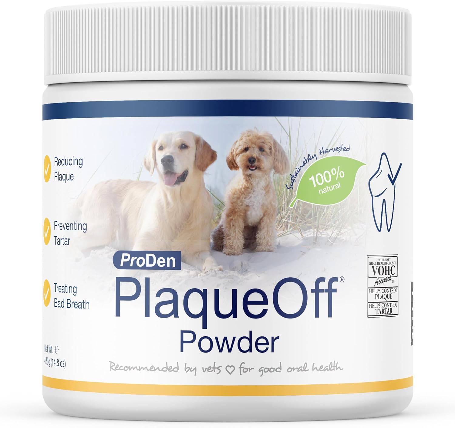 Proden PlaqueOff Powder for Dogs & Cats - Dog Breath Freshener & Plaque Remover Supplement - Pet Dental Care for a Healthy Mouth - Oral Care Pet Formula - 420 g