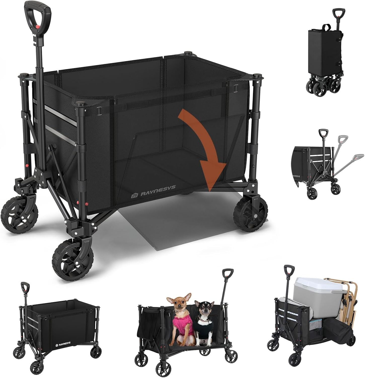 3 in 1 Collapsible Wagon Converts to Bench, 220lbs Foldable Wagon Cart with Wheels, 120L Shopping Cart for Groceries Folding Utility Wagon for Beach, Garden, Camping, Sport, Wheelbarrows, Black