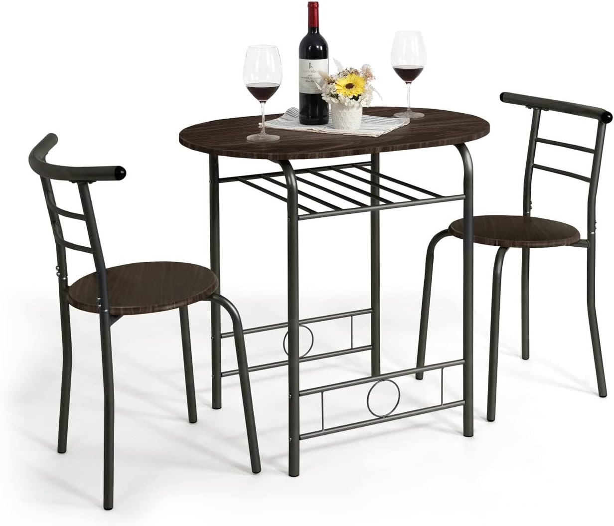 CAPHAUS 3 Pieces Dining Set for 2, Small Kitchen, Dining Room Table Set w/Steel Frame, 3 Pieces Patio Set w/Wine Rack, Small Dining Table Set for 2, Outdoor Dining Round Table Set, Black Oak