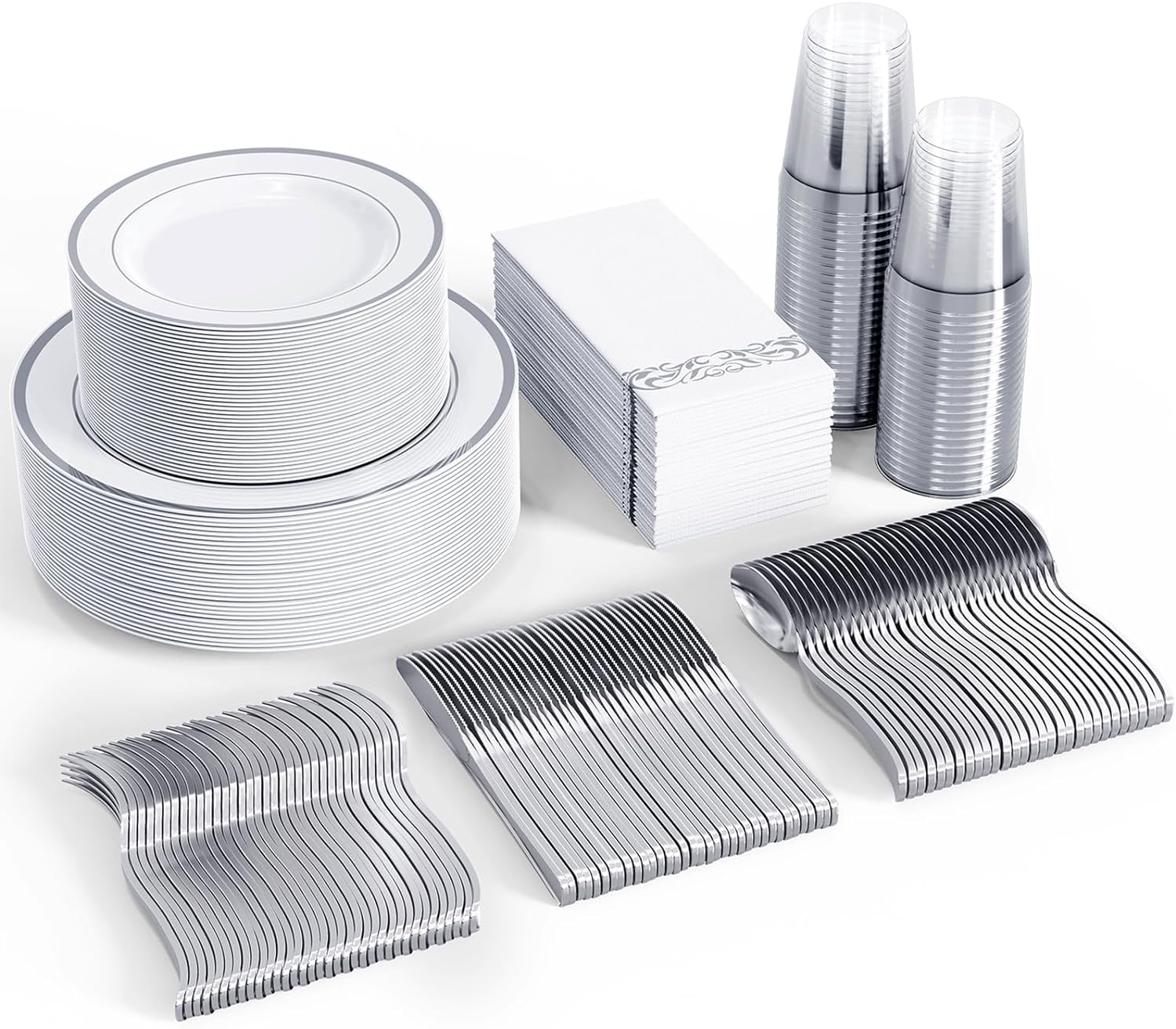 FOCUSLINE 350pcs Silver Dinnerware Set for 50 Guests, Silver Rimmed Plastic Plates Disposable Heavy Duty, Including 50 Dinner Plates, 50 Dessert Plates, 50 Cups, 50 Napkins, 50 Silverware Set