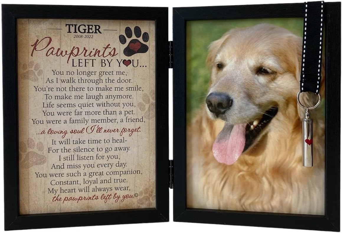 Pawprints Pet Memorial Frame with Pawprints Left by You Poem - Touching Dog Sympathy Gift for Pet Loss Remembrance (Personalized Poem Art with Ash Vial)