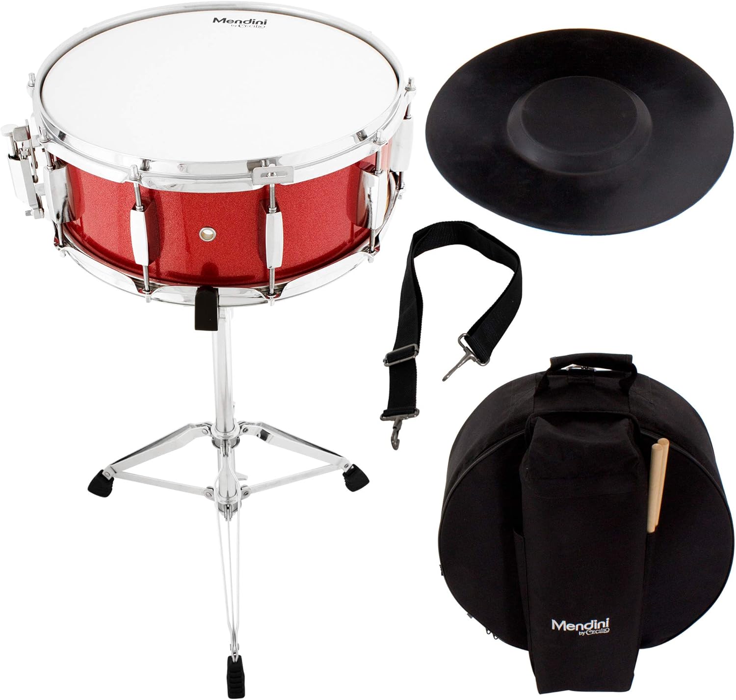 Mendini Student Snare Drum Set with Gig Bag, Sticks, Stand and Practice Pad Kit, Bright Red, MSN-1455P-BR