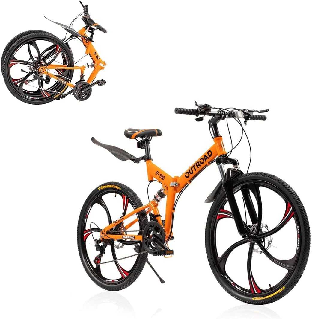 26 inch Folding Mountain Bike, Carbon Steel Frame and 21 Speed, Double Disc Brake and Dual Suspension Folding Bike for Adults/Men/Women, Easy Assembly Bicycle(Black/Green/Orange)