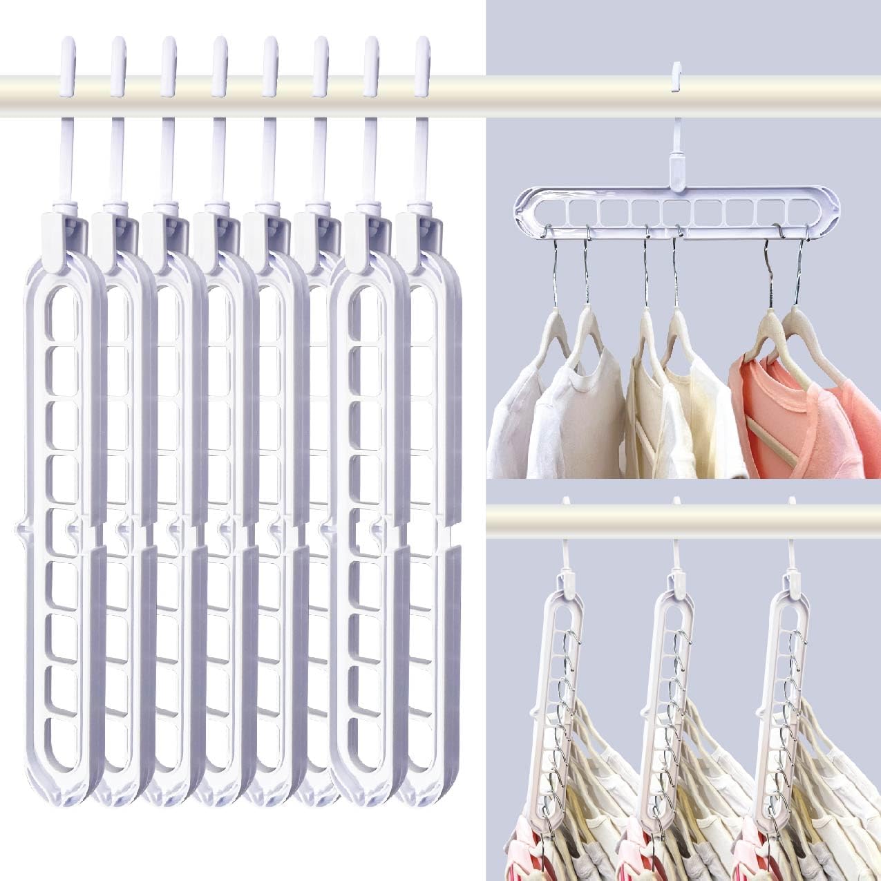 Slide Space Saving Clothes Hanger Organizer 8-Pack Easily Cascades Down to Maximize Closet Storage, Each Hanger Includes 9 Slots Holds 72 Garments (White)