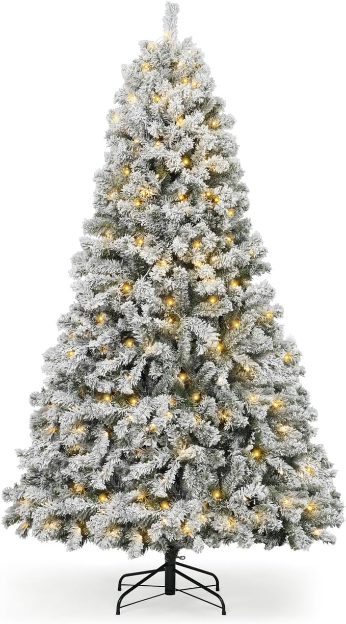 CAPHAUS 7.5 Feet Full Artificial Pre-Lit Snow Flocked Christmas Tree w/ 1346 Branch Tips Pre-Hinged & Foldable Stand, 550 LED Lights, Fake Flocked Xmas Tree for Indoor, Office, Party, Holiday