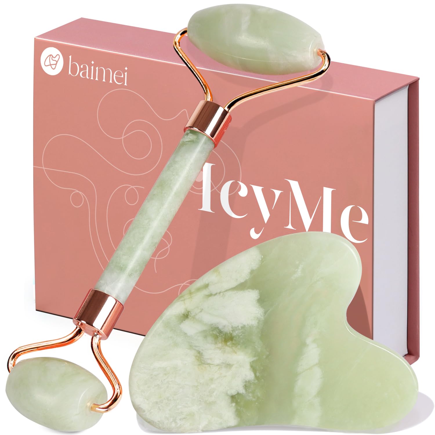 BAIMEI Jade Roller & Gua Sha Set Face Roller and Gua Sha Facial Tools for Skin Care Routine and Puffiness, Self Care Gift for Men Women - Light Green