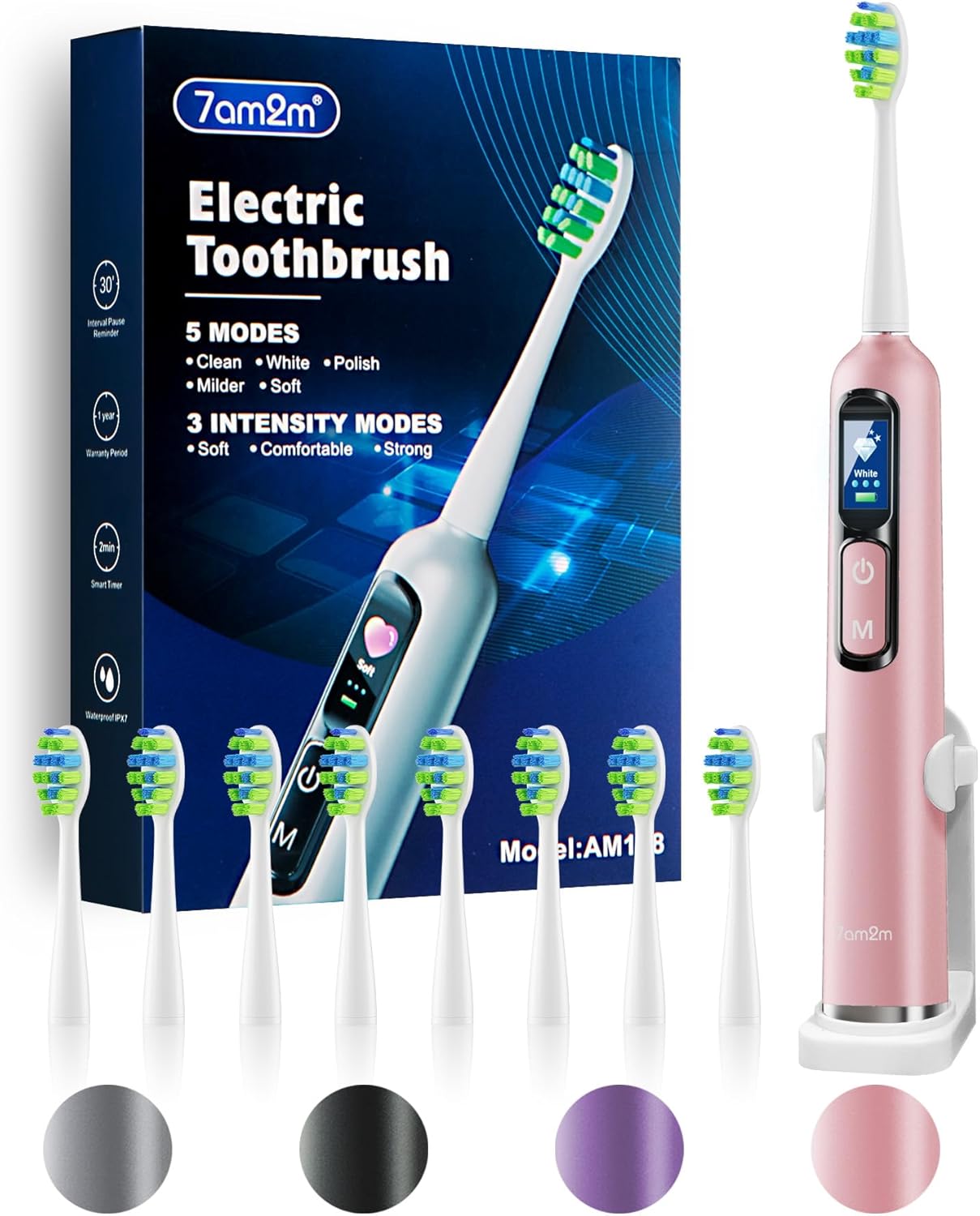 7AM2M Electric Toothbrush for Adults & Teens with LED Screen, 3 Intensity Levels & 5 Modes, One Charge for 90 Days, Fast Charge & Holder, 2 Mins Built in Smart Timer, with 8 Brush Heads (Pink)