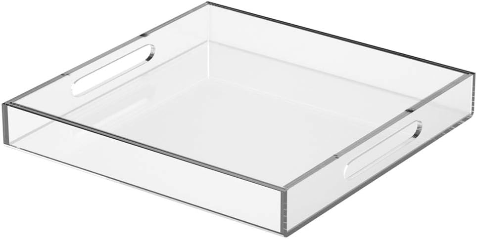 NIUBEE Clear Serving Tray 12x12 Inches -Spill Proof- Acrylic Decorative Tray Organiser for Ottoman Coffee Table Countertop with Handles