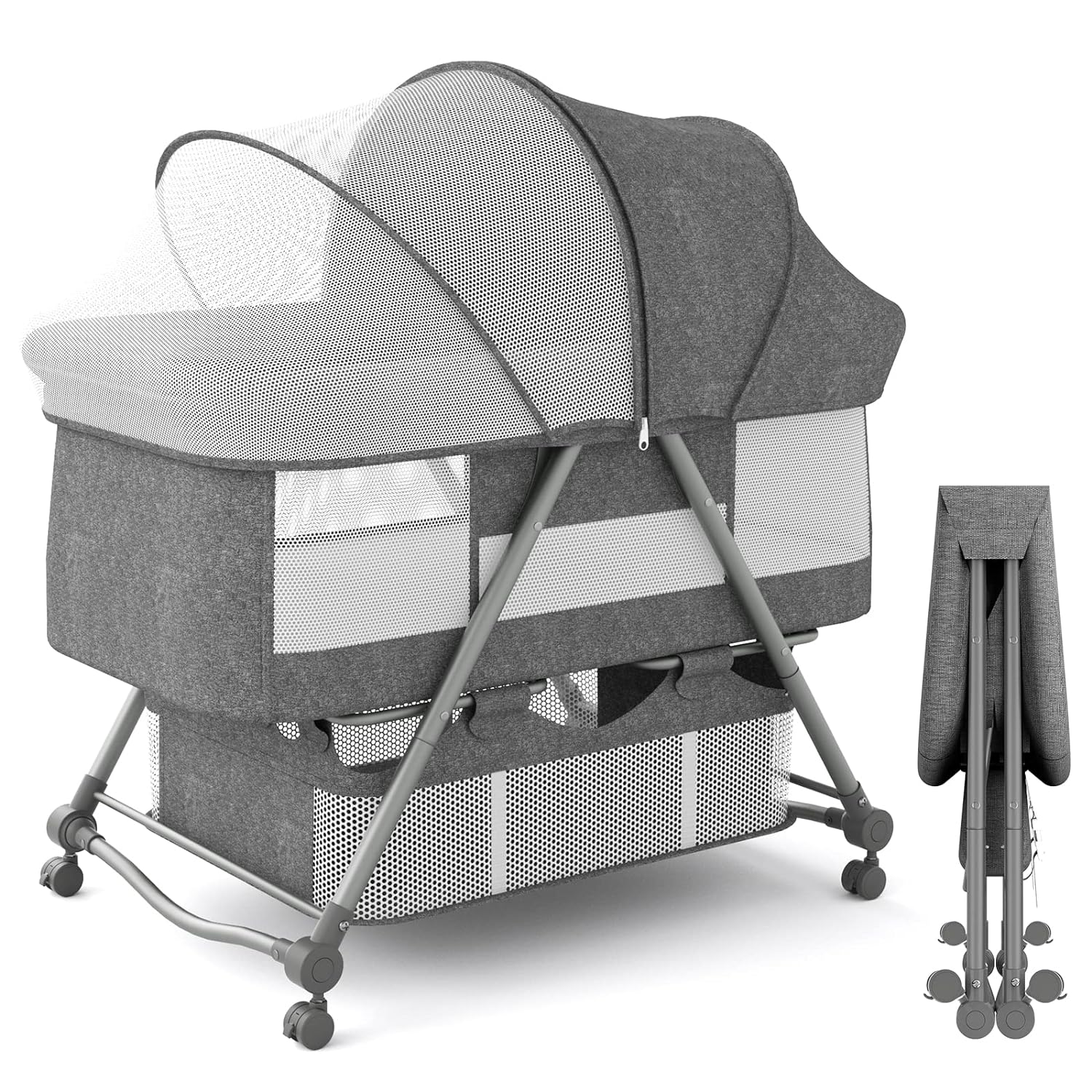 67i Baby Bassinet Portable Folding Rocking Bassinet for Baby 2-in-1 Rocking Cradle Quick-Fold Bassinet for Newborn Infant Crib Toddler Bassinet with Storage Basket and Travel Bag (Grey)