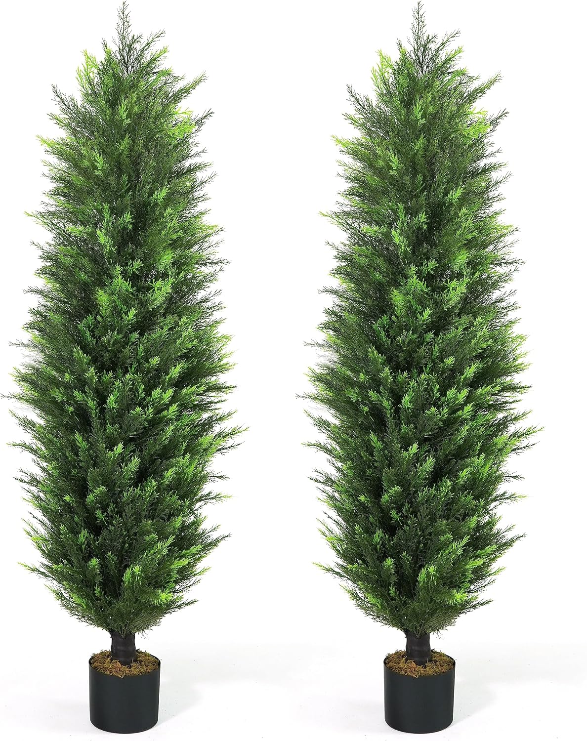 CAPHAUS 5 FT, 60 Inch Artificial Cedar Tree set of 2, Natural Faux Plants for Outside Planter, UV Resistant, Fake Boxwood Topiary w/Dried Moss, Artificial Tree Indoor, Outdoor Patio Decor