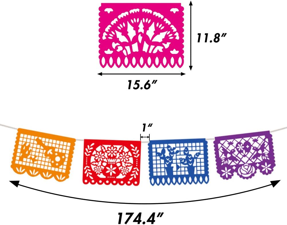 DomeStar Mexican Party Banner, 18 Feet Plastic Fiesta Banner Cinco de Mayo Dia De Los Muertos Decor Day of The Dead Papel Picado Decorations Mexican Fiesta Garland for Mexican Party Supplies