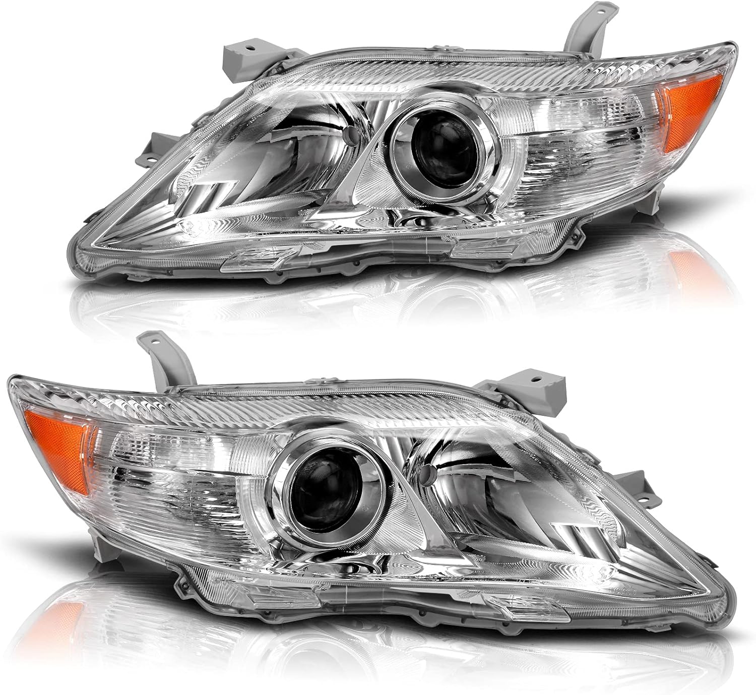 DWVO Headlights Assembly Compatible with 10 11 2010 2011 Camry Headlamp Replacement Pair Driver and Passenger Side Chrome Housing Amber Reflector Headlight