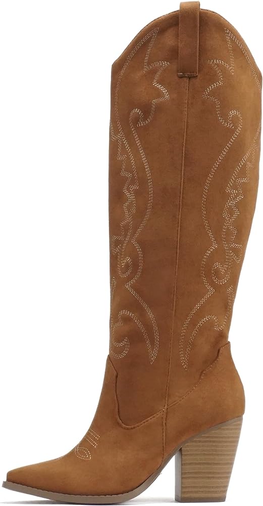 Soda ARCADE ~ Women Almond Toe Stitch Detail Pull-On High Heel Knee-High Western Boot