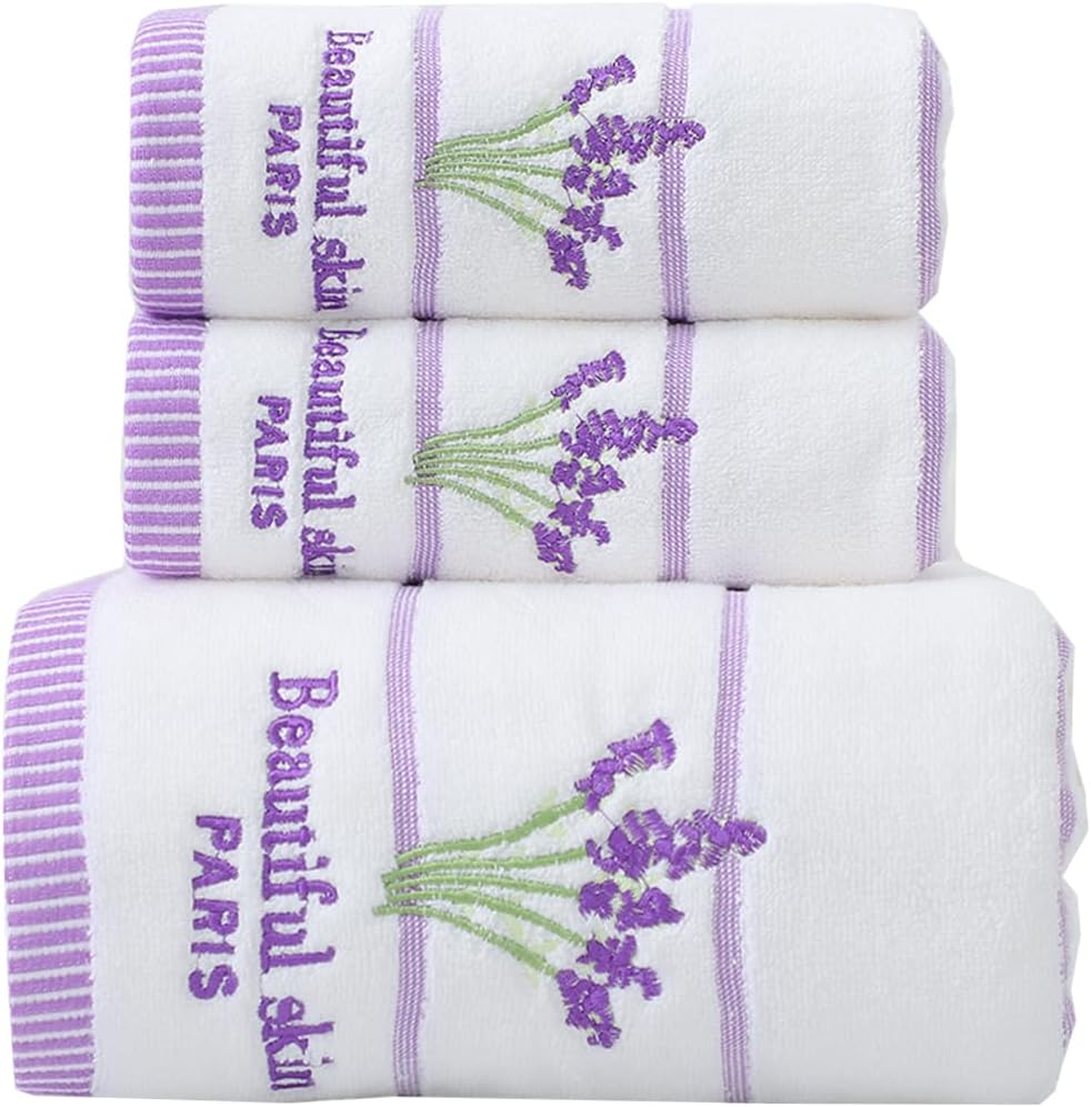 Pidada 100% Cotton Lavender Floral Bath Hand Towel Set of 3 for Bathroom (White)