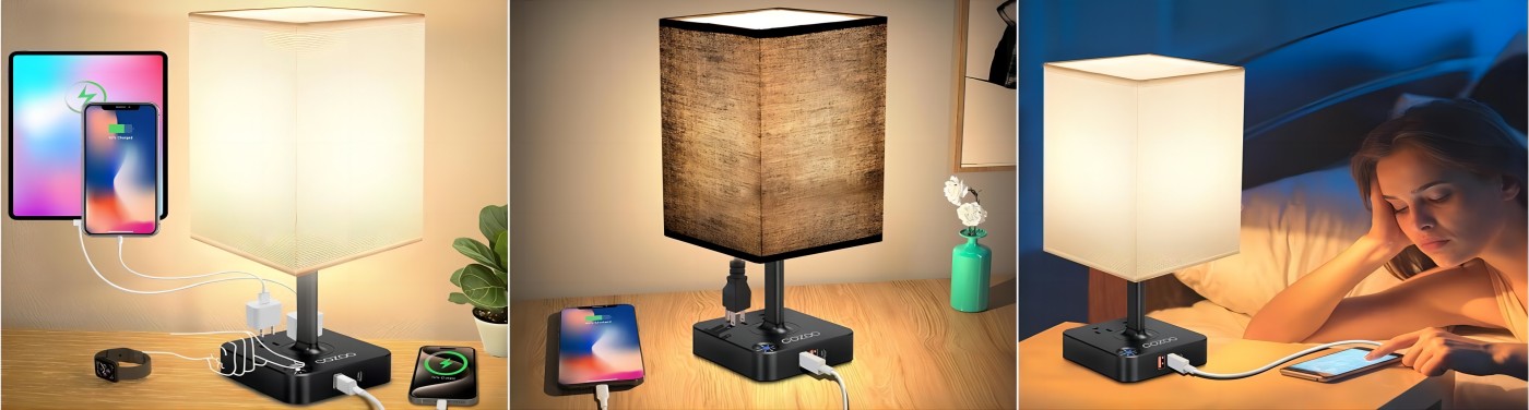 COZOO USB Bedside Dimmable Table Desk Lamp with 3 USB Charging Ports 2 Outlets Power Strip,Black Charger Base Flaxen Fabric Shade, LED Light for Bedroom/Nightstand/Living Room/Dorm/Home Office/College